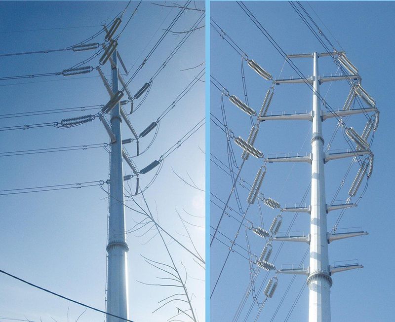 220 kV double circuit steel poles installed on a power line